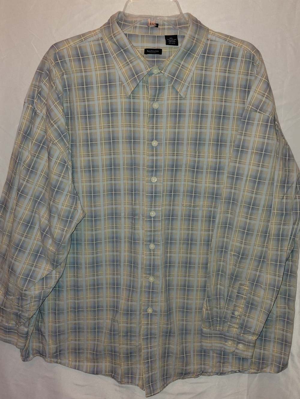 Van Heusen Men's Light Blue and Yellow Plaid Button-Down Shirt #2579